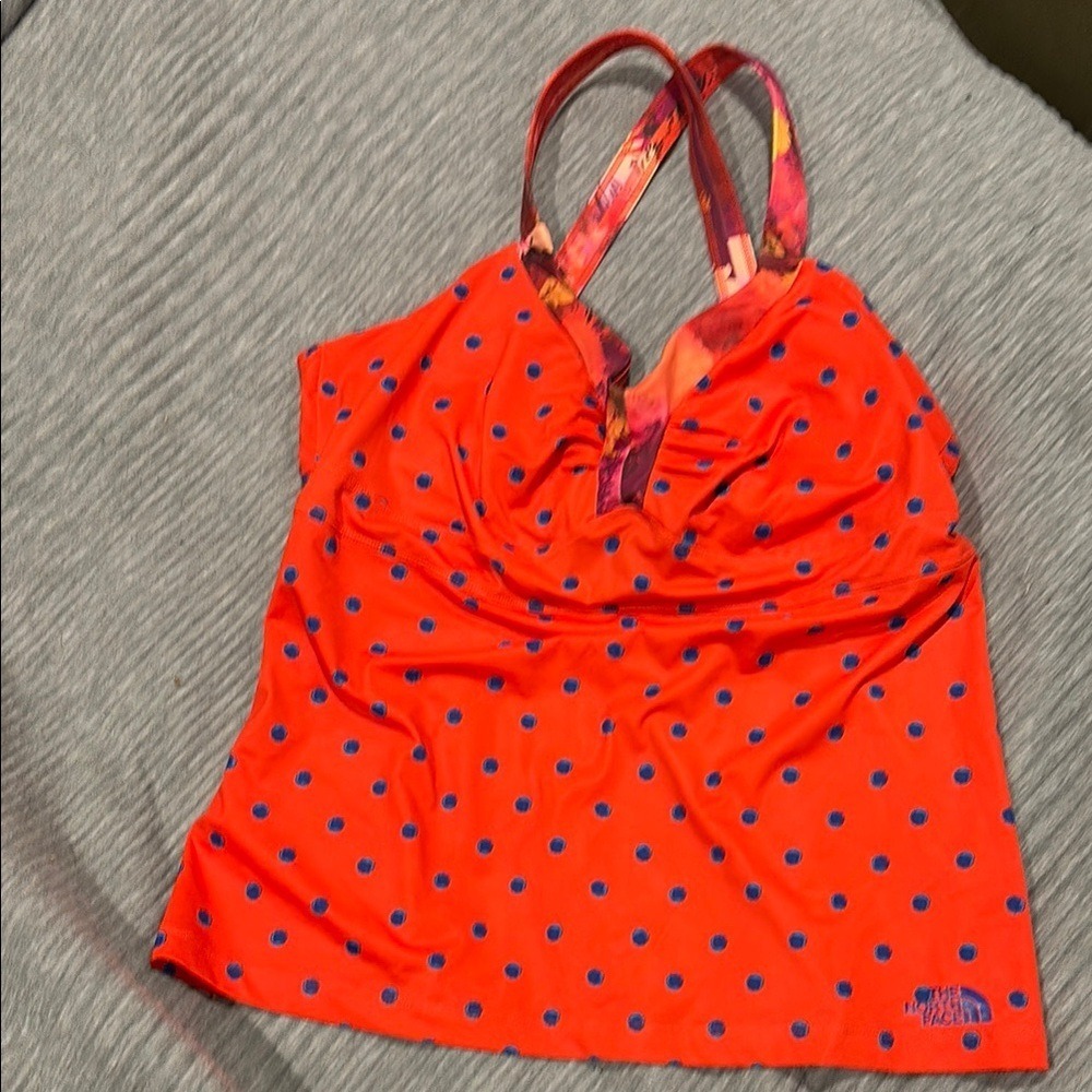 The North Face Orange Blue Polka Dot Tankini Swim Top Cross Back Shelf Bra
